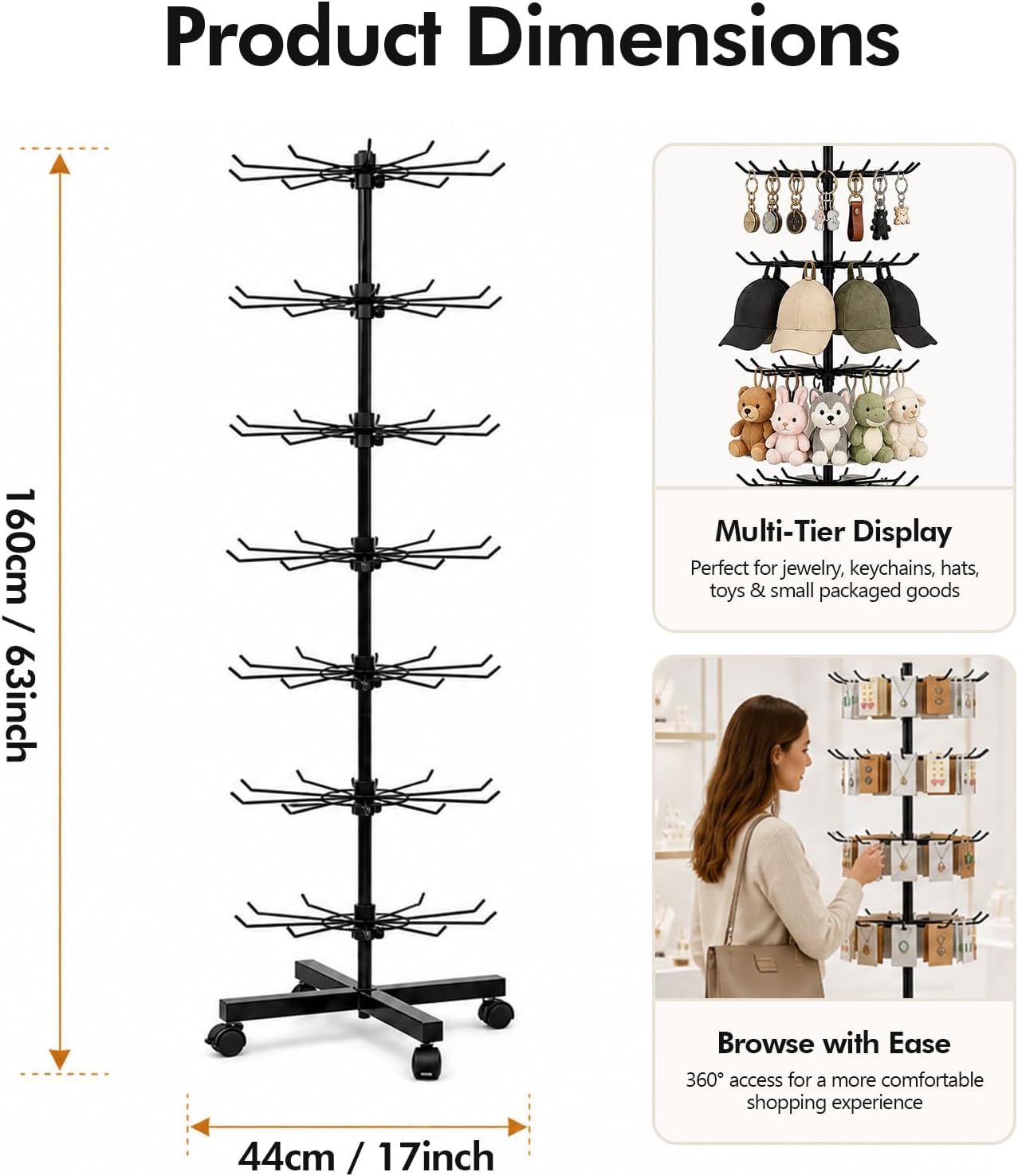 7-Tier Heavy Duty Rotating Display Rack with Wheels, Metal Floor Spinner Stand for Retail Store, Adjustable Keychain & Jewelry Display Shelves for Craft Fair & Showroom