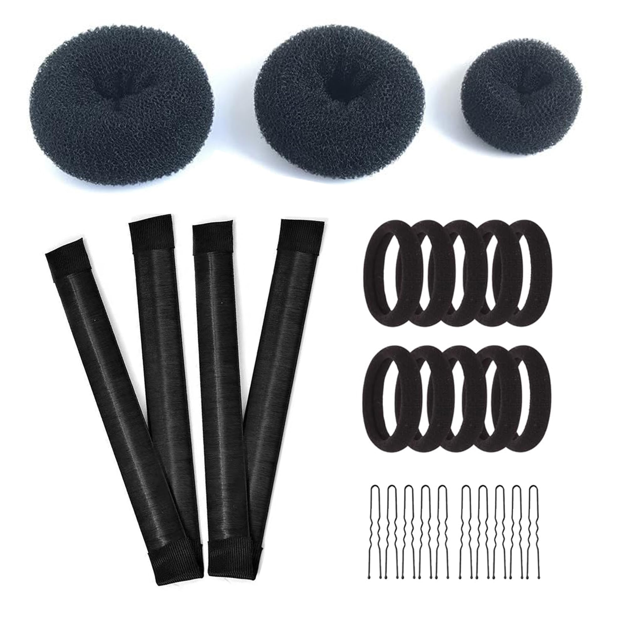 Hair Bun Maker Kit - 3 Bun Donuts, 2 French Twist Wraps, 10 Bobby Pins, 10 Elastic Bands for Women and Kids - Black Color