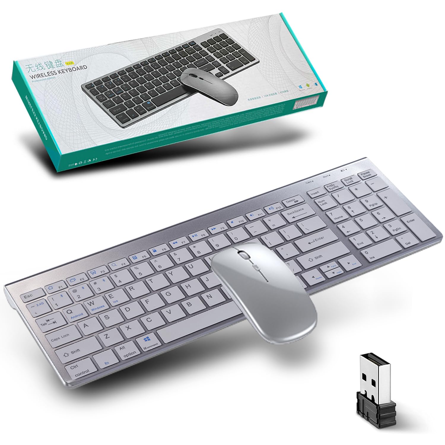 Tastiera E Mouse Wireless Set Bluetooth 2.4GHz, Ricaricabili USB-C, Silenziosi, Multi-dispositivo Per PC, Mac, IPad