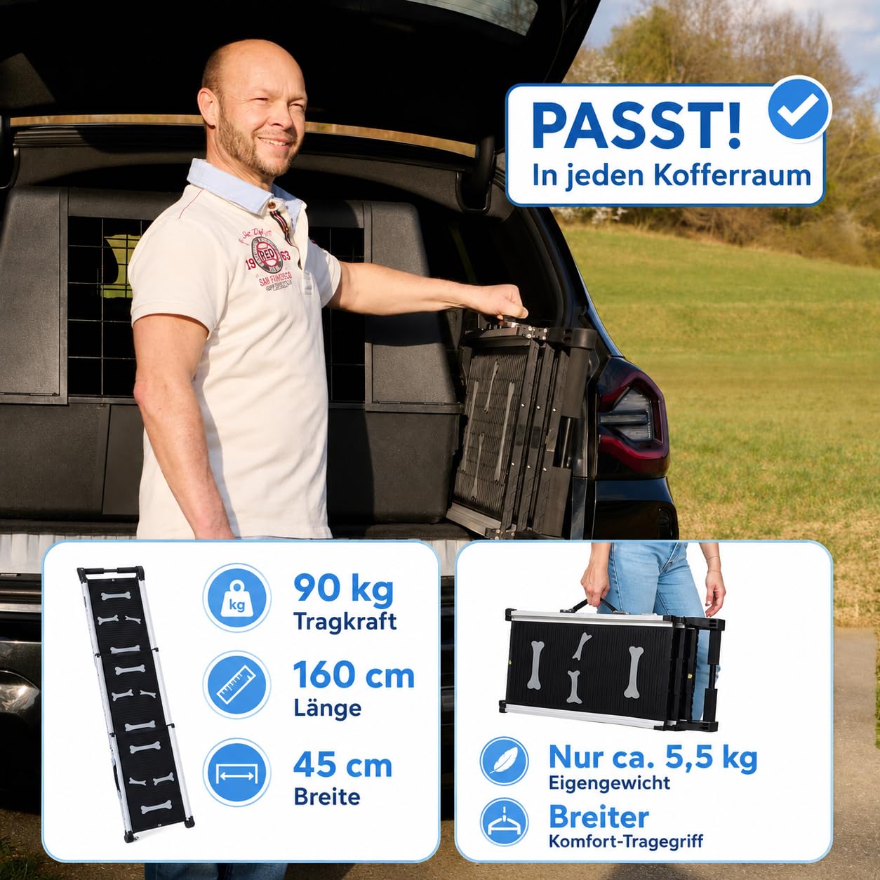 Hunderampe Teleskop rutschfest Alu 90kg Hundetreppe für Große Kleine Hunde Auto SUV Sofa Bett Rückbank Klappbar Einstiegshilfe Ausstiegshilfe Lang Breit Reise Kofferraum Autorampe