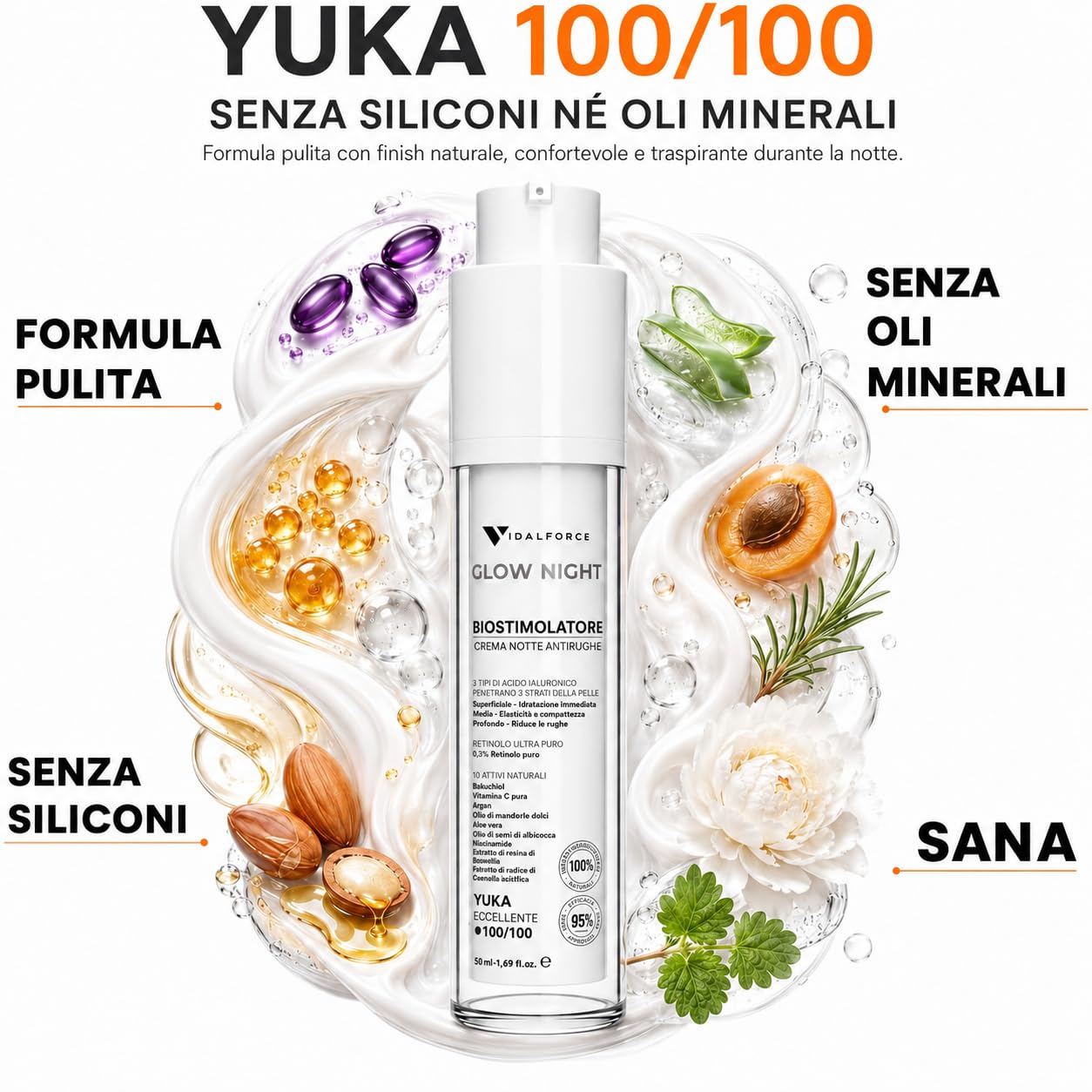 GLOW NIGHT Crema Notte Antietà Biostimolante, Retinolo Incapsulato con Bakuchiol e Acido Ialuronico Full-Spectrum I 100/100 Yuka I Crema Antirughe Donna e Uomo. 50 ml