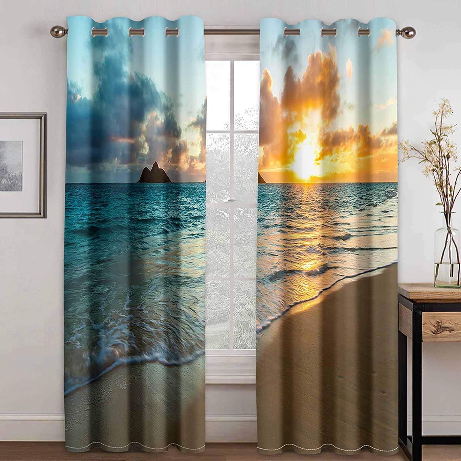 Gardinen Verdunklung 229 cm Lang, Abdunkelnde Vorhänge mit Ösen 2er Set Blau Grün Braun Sonnenuntergang Strand Landschaft Vorhang für Wohnzimmer Schlafzimmer, 86x229 cm(BxH)