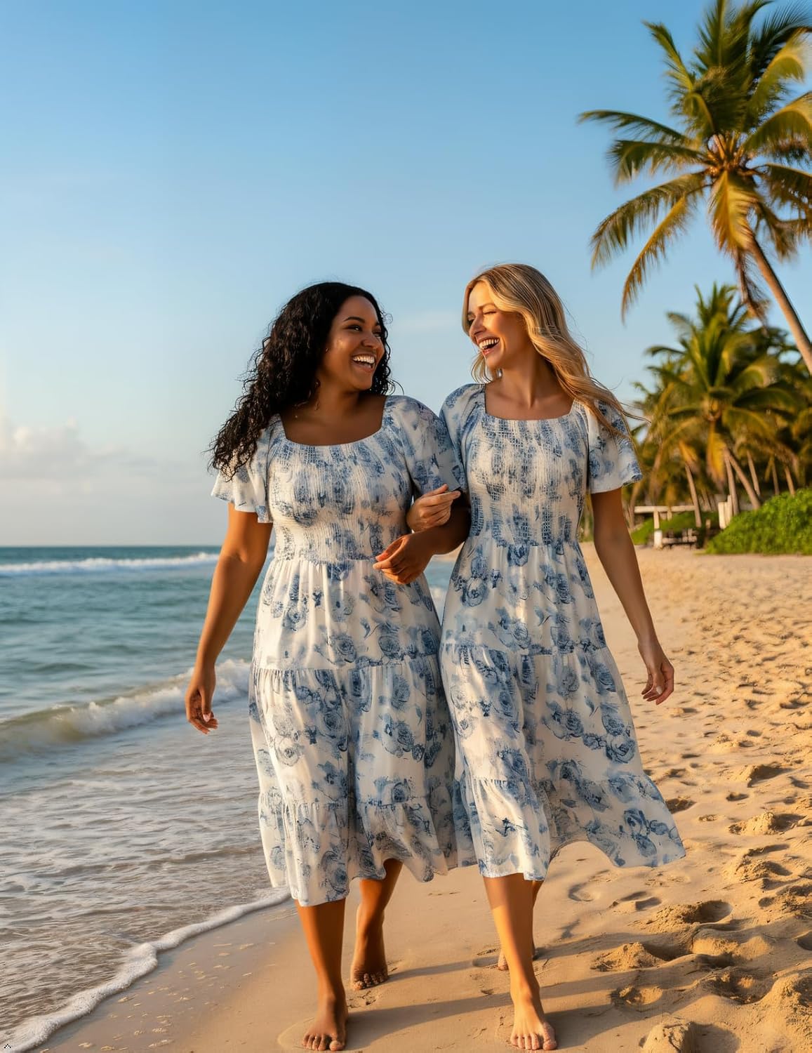 Bbonlinedress Womens Casual Floral Summer Smocked Beach Party Boho Midi Square Neck Dress - Image 3