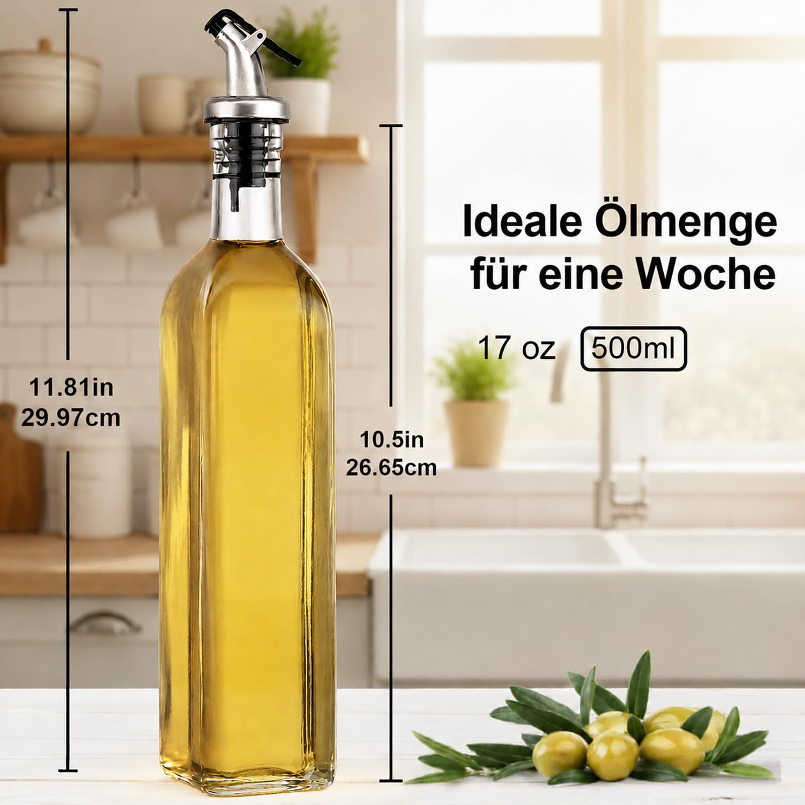 WERTIOO Ölflasche 500ML, 4 Stück Olivenöl Flasche Essig und Ölflaschen Set, 17OZ Ölflasche mit Ausgießer Glas Flaschen Öl mit Trichter & Stift für Küche BBQ, Transparent