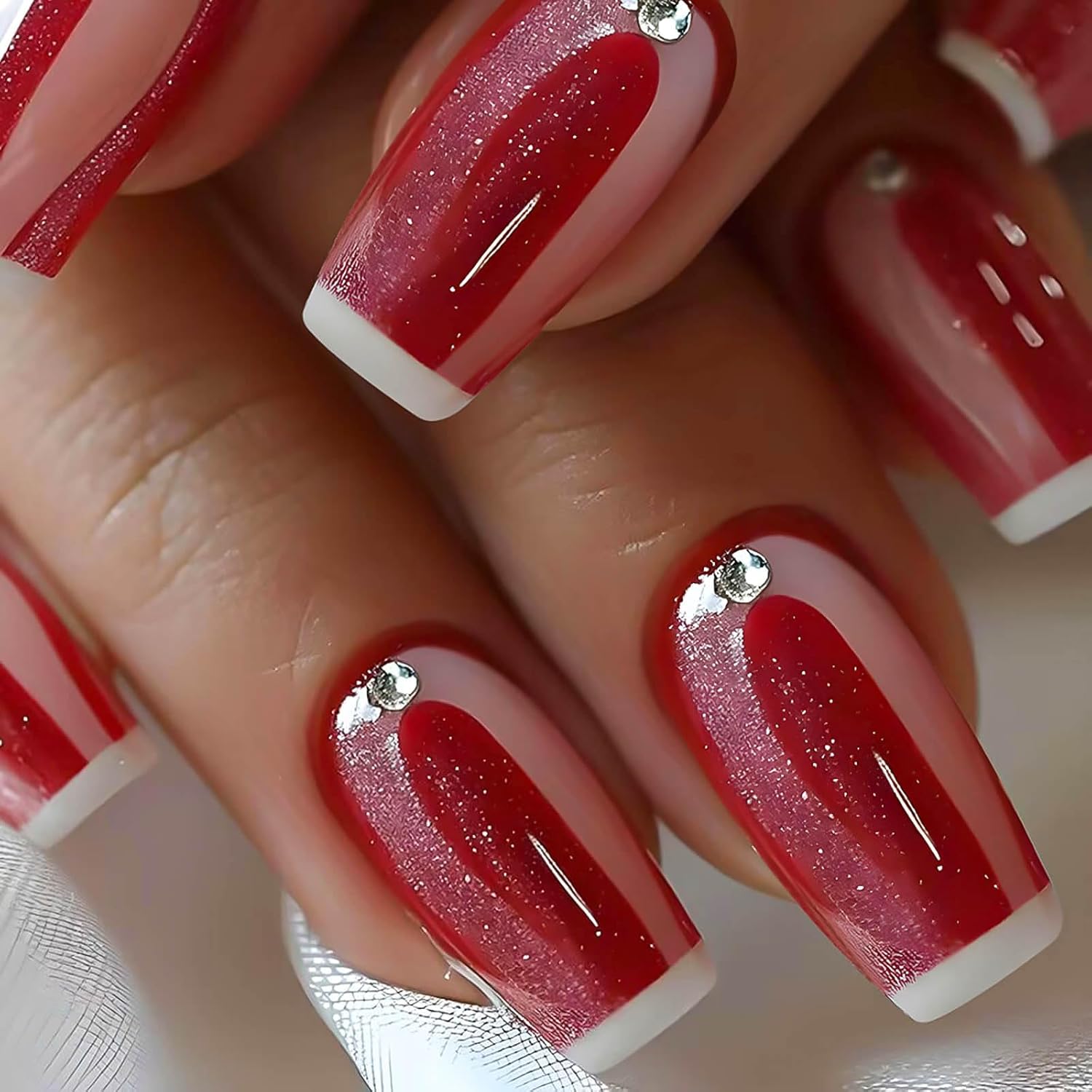 Medium Coffin Press on Nails White French Tip Fake Nails Red False Nails with Glitter Designs Medium Nail Press ons Red Full Cover Glue on Nails Cute Stick on Nails for Women 24Pcs Medium Style BK05-6