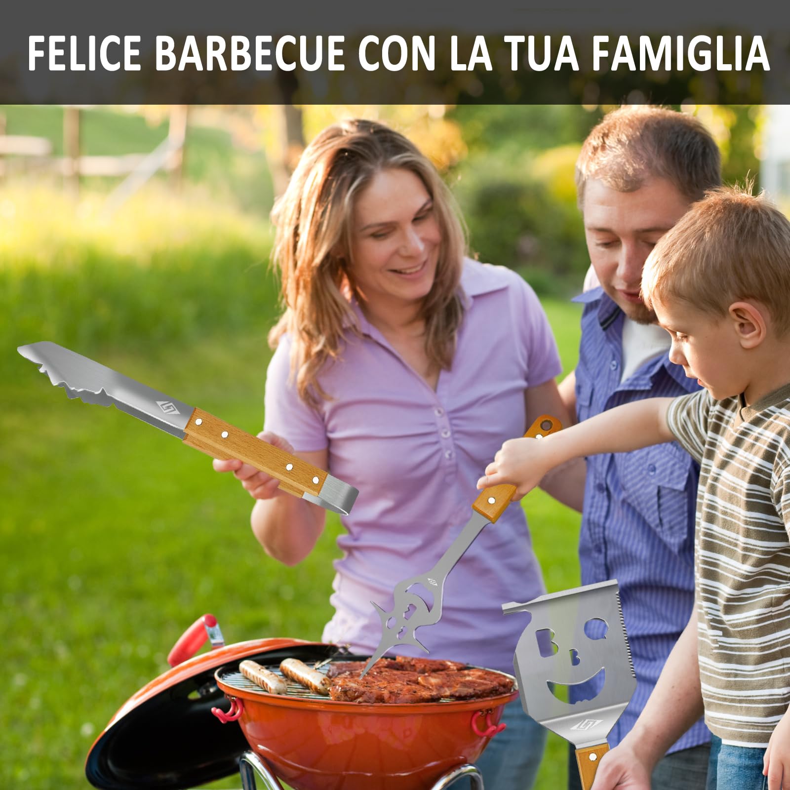 Pinza Barbecue, pinze per grill in acciaio inossidabile con manico in legno, posate per grill lunghe 43 cm, regali per uomo, papà, marito.