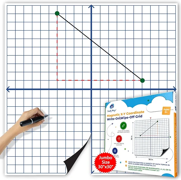 Jumbo Magnetic XY Coordinate Dry Erase Grid, 30"x30" - Write-On & Wipe-Off Magnetic Dry Erase Board Grid, Reusable Dry Erase Graph & Practice Board for Math Graphing, Classroom & Homeschool Supplies