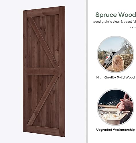 Miniatura 4 de ROYMELO Losa de puerta corrediza de madera de granero de 42 x 84 pulgadas con kit de herrajes y mango de 7 pies, café, forma de K, montaje simple de