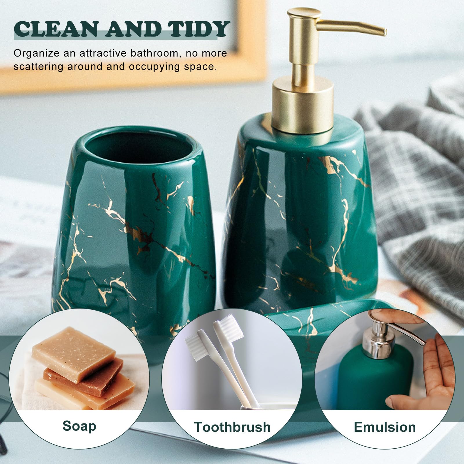 Generic Set Accessori Bagno 3 Pezzi in Ceramica Verde, Stile Marmo Elegante, Facile da Pulire, Organizer per Bagno Completo e Funzionale
