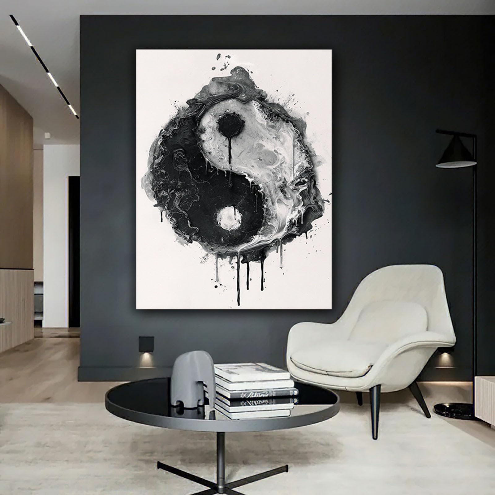XENIOU tableau noir et blanc Peinture abstraite de Tai Chi tableau toile decoration murale, Pour salle de bain, salon, chambre, bureau, cuisine.(noir et blanc)-60x90cm Encadrée