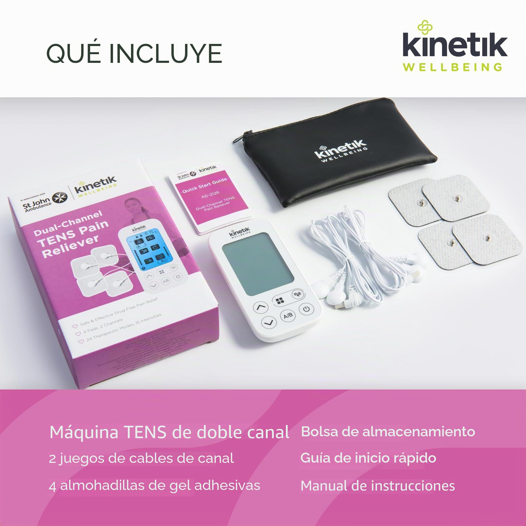 Kinetik Wellbeing - Máquina TENS de doble canal, estimulador muscular para aliviar el dolor