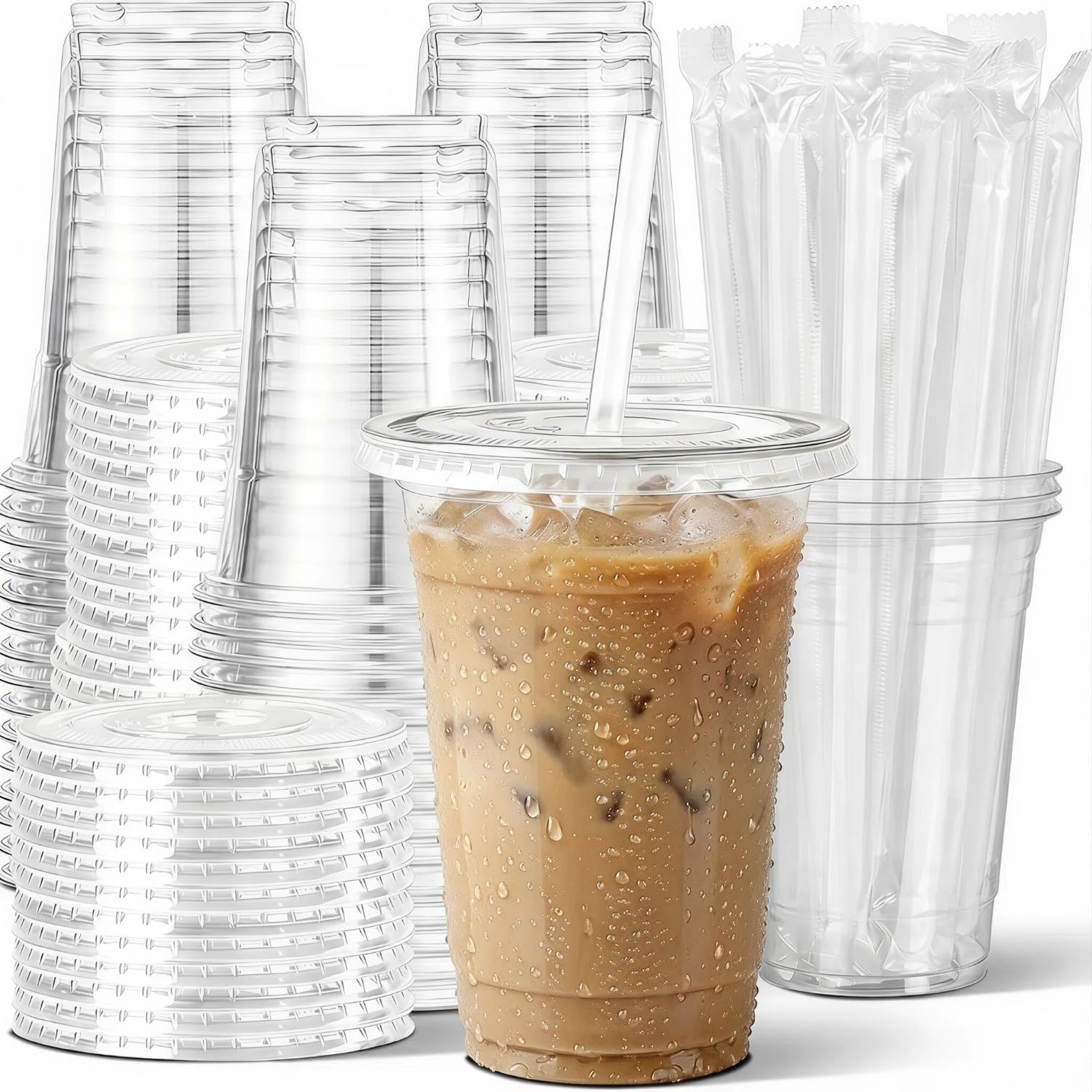 50 Pcs Clear Plastic Cups with Lids and Straws, 500ML Iced Coffee Cups with Lids, Reusable Takeaway Cups with Lids for Iced Coffee, Milkshake, Slurpee, Ice Cream Milkshake Cold Drink Party Catering