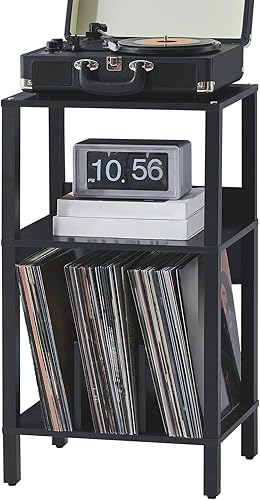 LELELINKY Soporte para tocadiscos, mesa auxiliar de 3 niveles con almacenamiento de vinilo de hasta 100 álbumes, soporte de vinilo para discos,