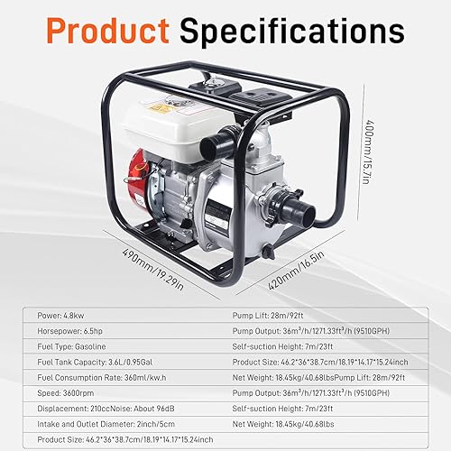 Miniatura 3 de Bomba de agua de motor de gas de 4 tiempos 6.5HP, bomba de transferencia de agua de 210 CC 4.8 KW, bombas de riego de jardín y estanques para