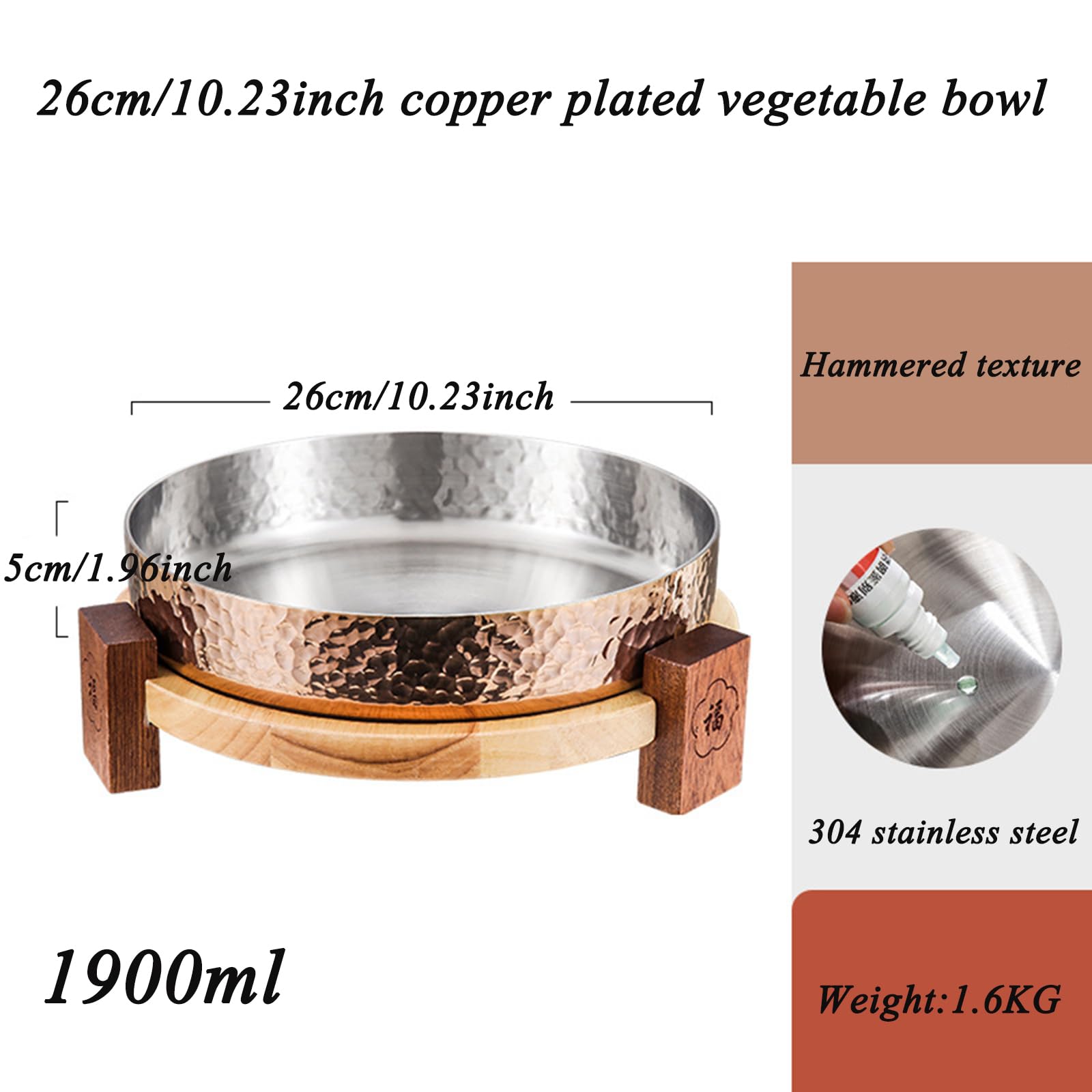 Okrągłe talerze obiadowe ze stali nierdzewnej 304 z drewnianą podstawą – 18/20/22/26 cm metalowy talerz do sałatek, steków, miski do sushi, patelnia do komercyjnej domowej kuchni (26 cm, złoty)