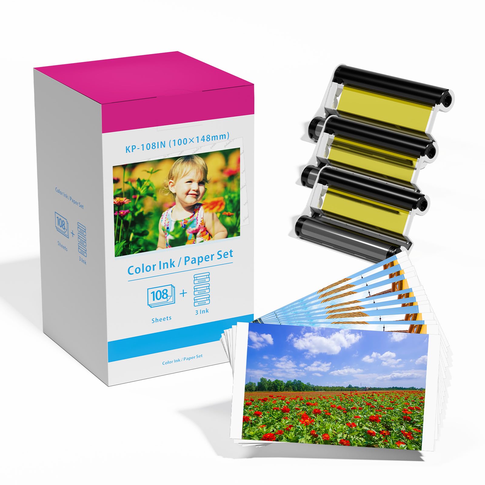 Replacement for Canon Selphy CP1500 KP-108IN Ink and Photo Paper Set for Selphy Photo Printer CP1500 CP1300 CP1200 CP1000 CP790, 3115B001(AA) 3 Color Ink Cartridge 108 Sheets Paper 100 x 148mm