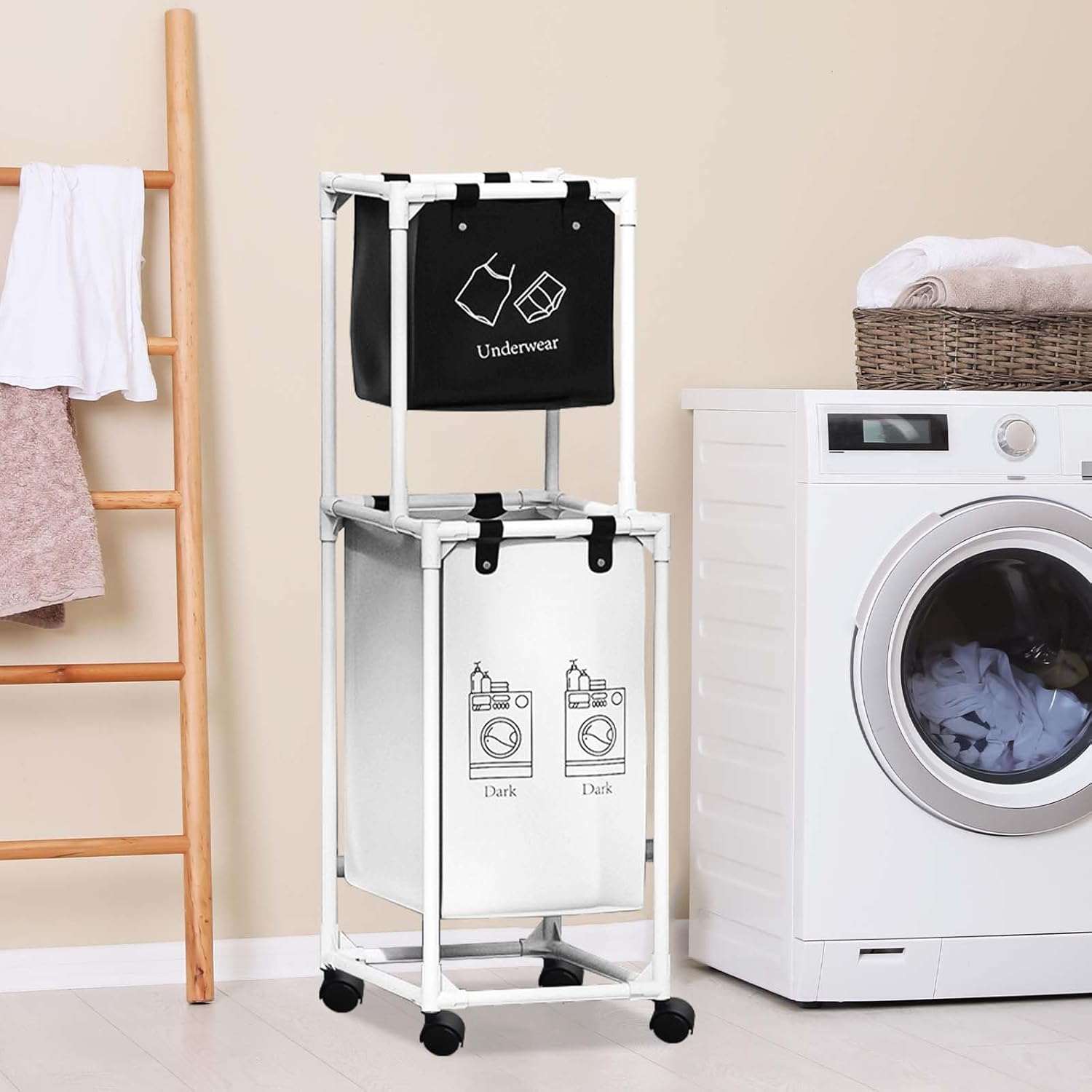Laundry Hamper, Laundry Sorter 2 Section Bag Organizer for Dirty Clothes, Rolling Laundry Basket Organizer with Wheels, Laundry Storage for Room,White