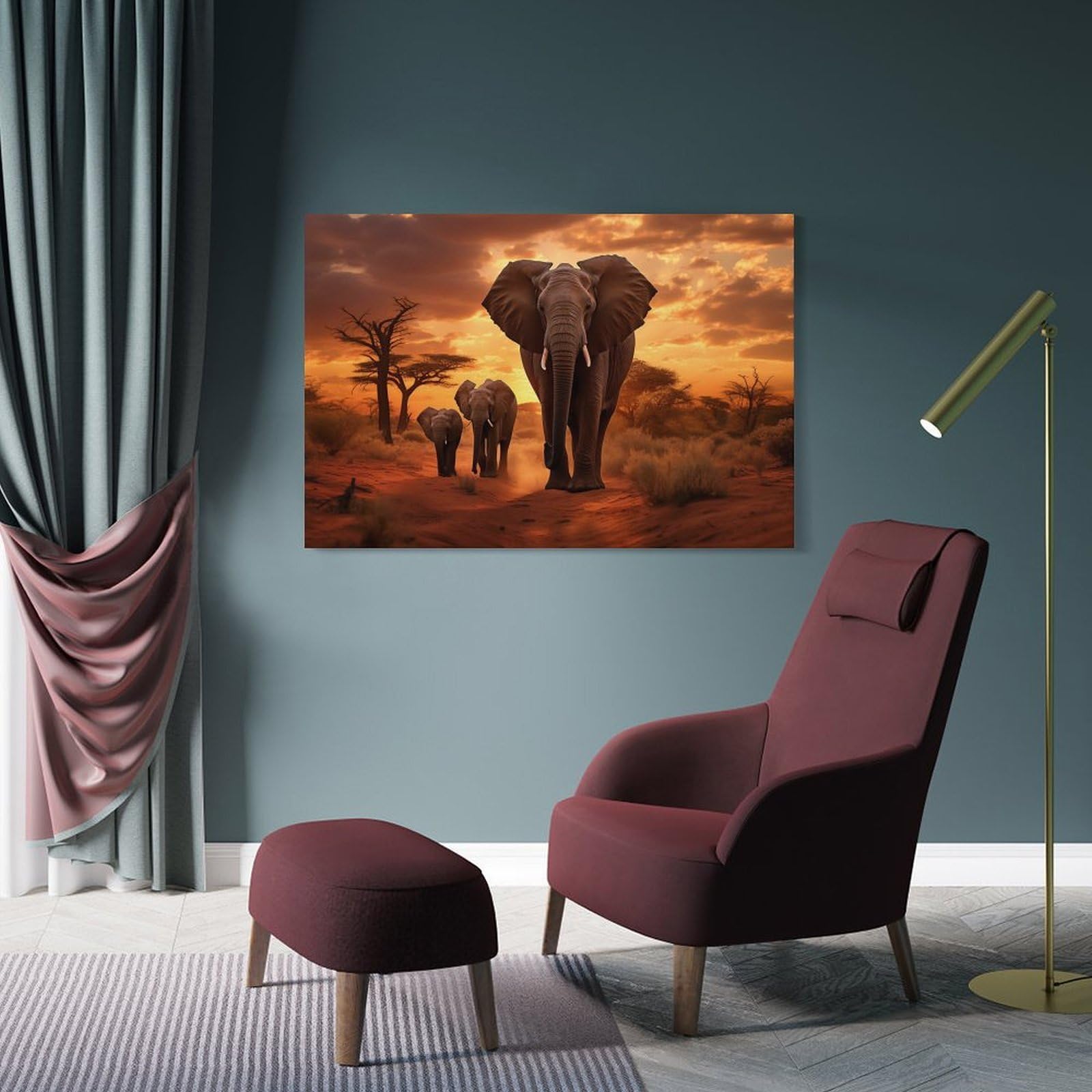Junmoney Elephant Family at Sunset Home Decor Wall Art, 24x36inch(60x90cm), for Bedroom, Lounge Or Dressing Area, Canvas Wall Decor for Personal Spaces
