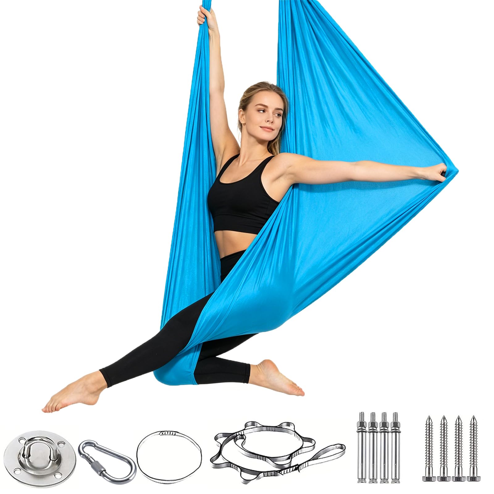Tessuto Aereo Yoga Set per Adulti, 200 KG Amaca e Altalena per Yoga Aerea, 280x150CM, Tessuti Aerei Incluso Hardware di Installazione Completo per Danza, Pilates, Stretching Corporeo