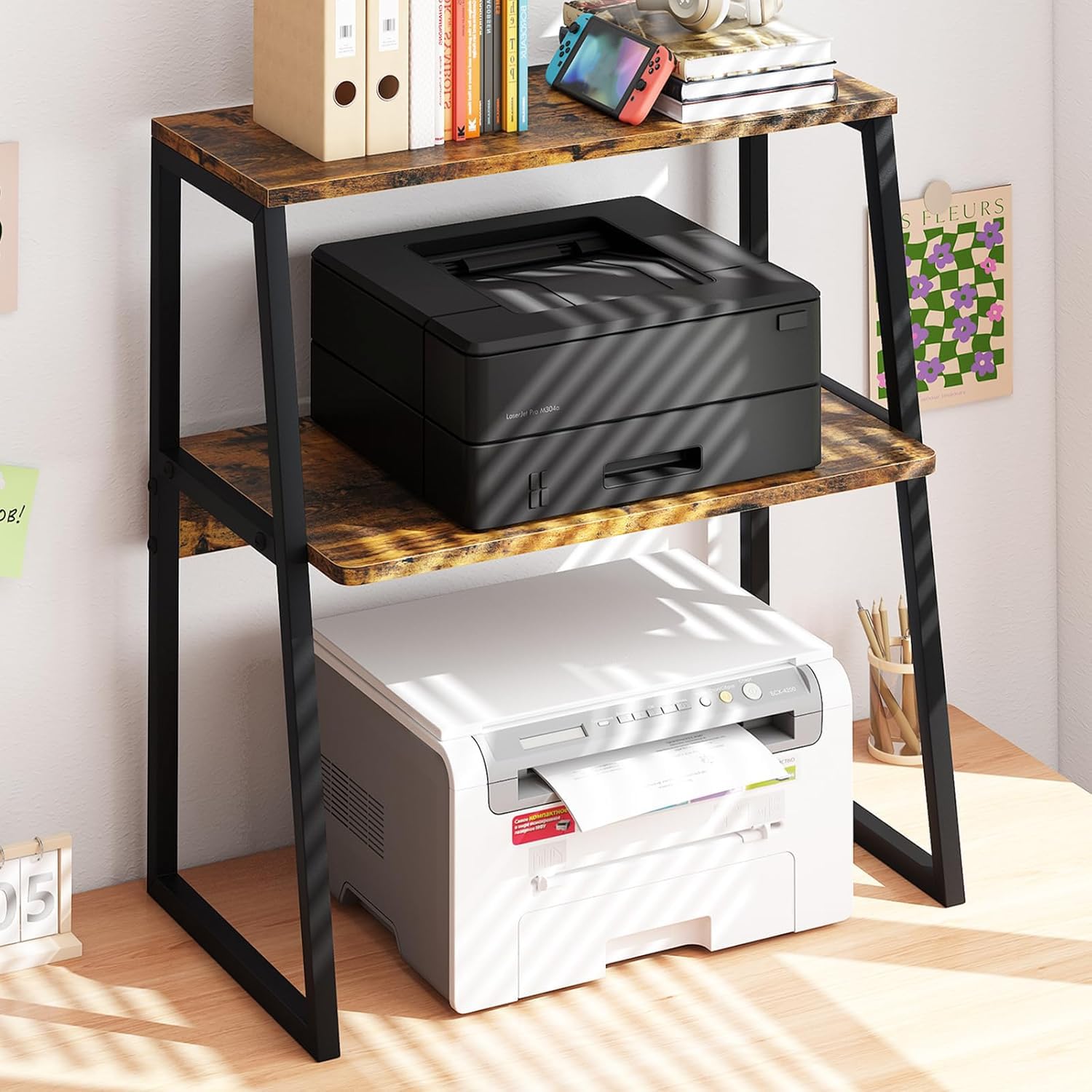 3 Tier Printer Stand, Printer Table, Under Desk Printer Stand, Desktop Printer Stand Holder, Multi-Purpose Desk Organizer Storage Shelf, Printer Shelf for Fax Machine Scanner Microwave Oven (Brown)
