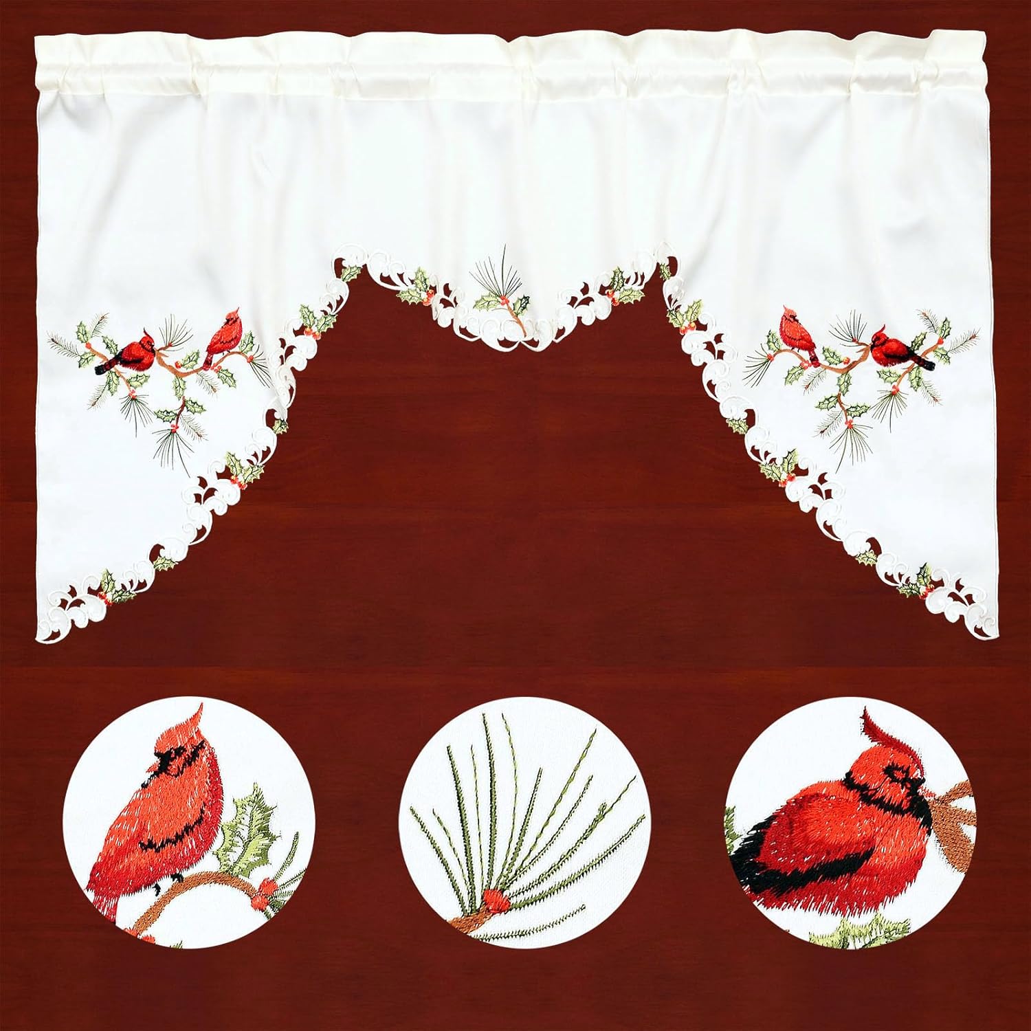 Simhomsen Embroidered Rod Pocket Christmas Holiday Kitchen Window Curtain Swag and Tiers Set (Cardinal)