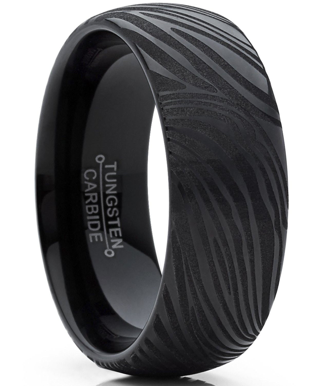 Metal MastersMen's Black Tungsten Carbide Dome Wedding Band Engagement Ring with Damascus Style Texture 8mm 7-15