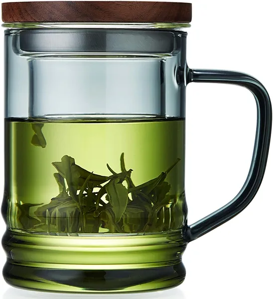 Unbreakable Glass Tea Cup with Infuser and Lid 14.5 fl oz, Heat Resistant Borosilicate Glass Tea Infuser Mug for Blooming and Loose Leaf Tea, Gas Stovetop Safe