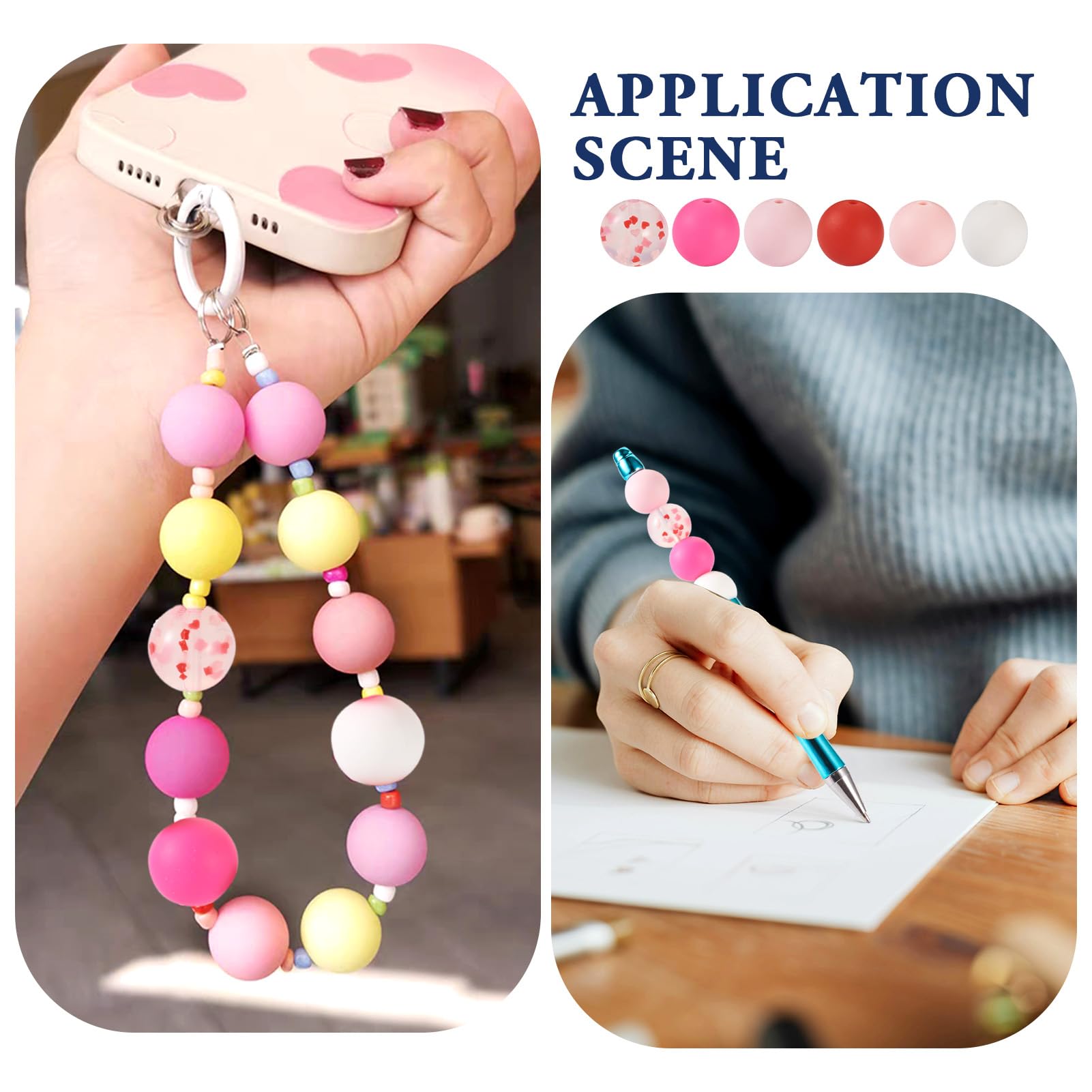 Crafans 65Pcs Silicone Loose Beads 15MM Round Red & Pink Beads Silicone Bead Soft Rubber Spacer Beads Chunky Beads for DIY Keychains Beadable Pens Decorations Bracelet Jewelry Making - Image 2