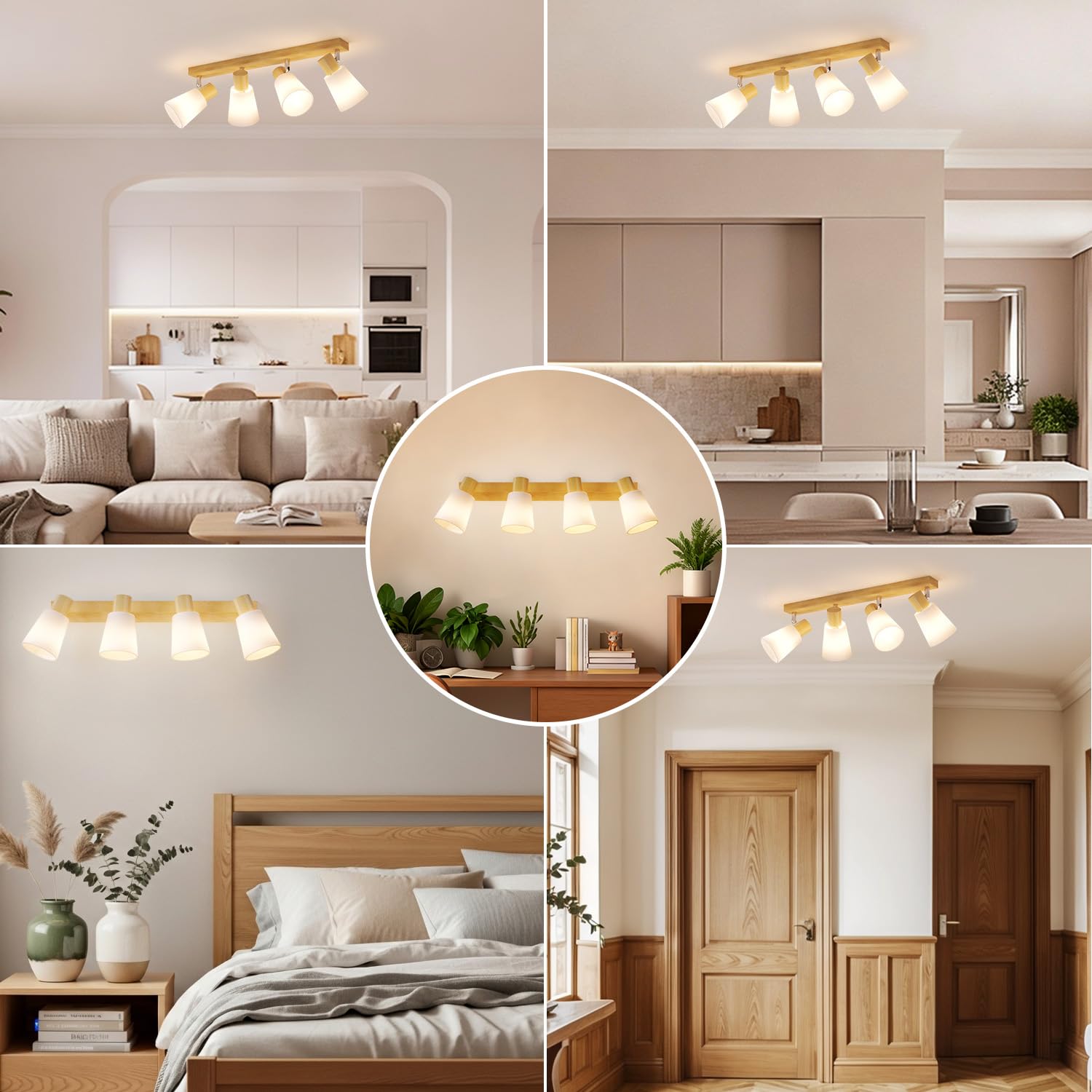 LVWIT Lámpara de Techo 4 Focos Orientables de Madera, Plafón Giratorio para E14, Retro para Cocina, Pasillo, Salón o Dormitorio – Bombillas No Incluidas
