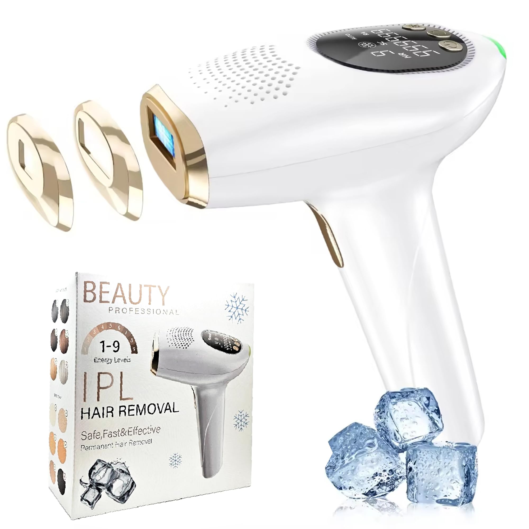 StyleFitUp IPL Depiladora Luz Pulsada, Dispositivo IPL función enfriamiento, 2 tapas intercambiables, hasta 999.999 destellos, HR/RA/SC, 9 intensidades, Depilación Laser Indolora mujeres y hombres.