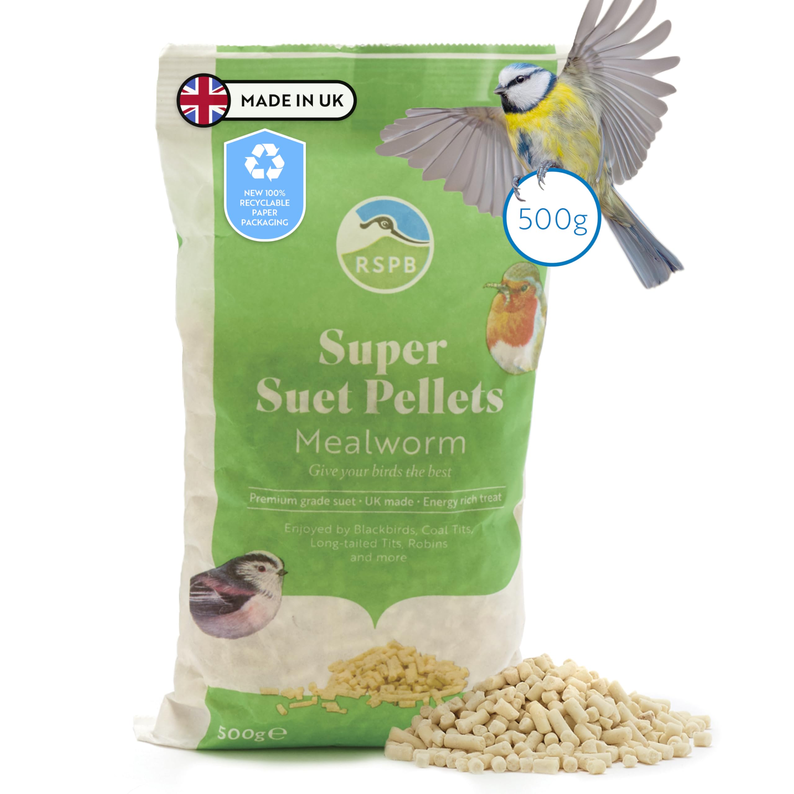 RSPB - Suet Pellets, Wild Bird Food for Small Birds, High Energy Food with Dried Mealworms and Cereal, Made in the UK, Suitable for Year-Round Feeding, Recyclable Packaging (500g)