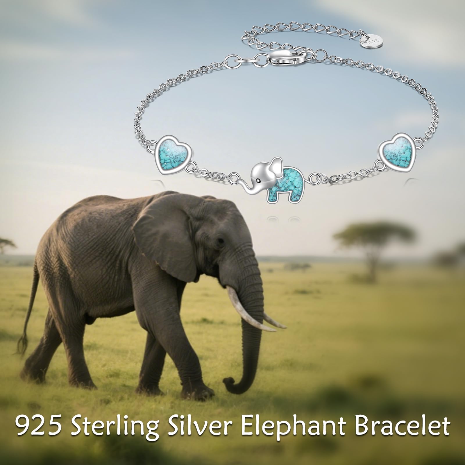 ONEFINITY Bracciale con elefanti in argento sterling 925, con cuore turchese, con elefante, idea regalo per donna