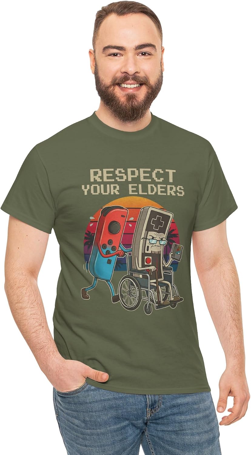 Respect Your Elders Funny Retro Gaming Controller Graphic 8-Bit Pixel Art Humor Military Green