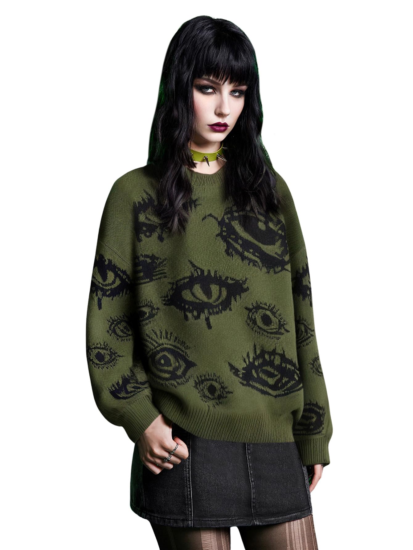 Floerns Womens Plus Size Grunge Punk Print Long Sleeve Pullover Sweater Top
