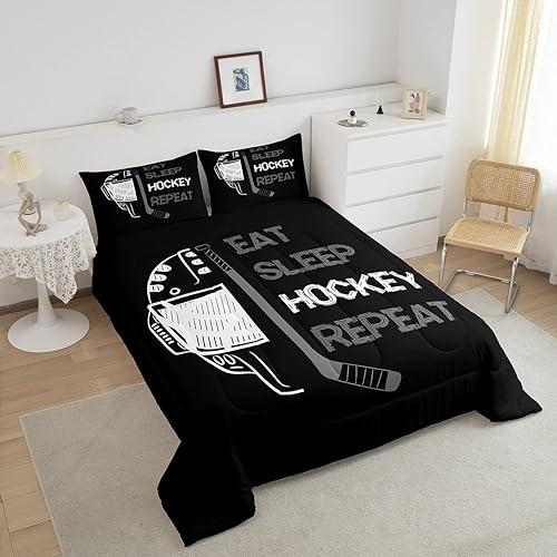 Miniatura 3 de Erosebridal Edredón de hockey tamaño individual para niños y adolescentes, ropa de cama de hockey negro y gris para comer, decoración de dormitorio,