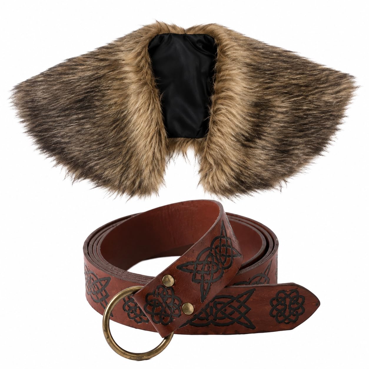 Viking Outfit Fur Collar and Embossed Belt Set for Cosplay Halloween Adults
