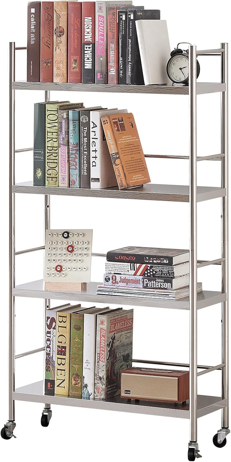 susunnus stainless steel shelves - adjustable height, rolling with wheels, 350lb capacity (27.6in*10.2in-4t with guardrails) for kitchen, garage & storage