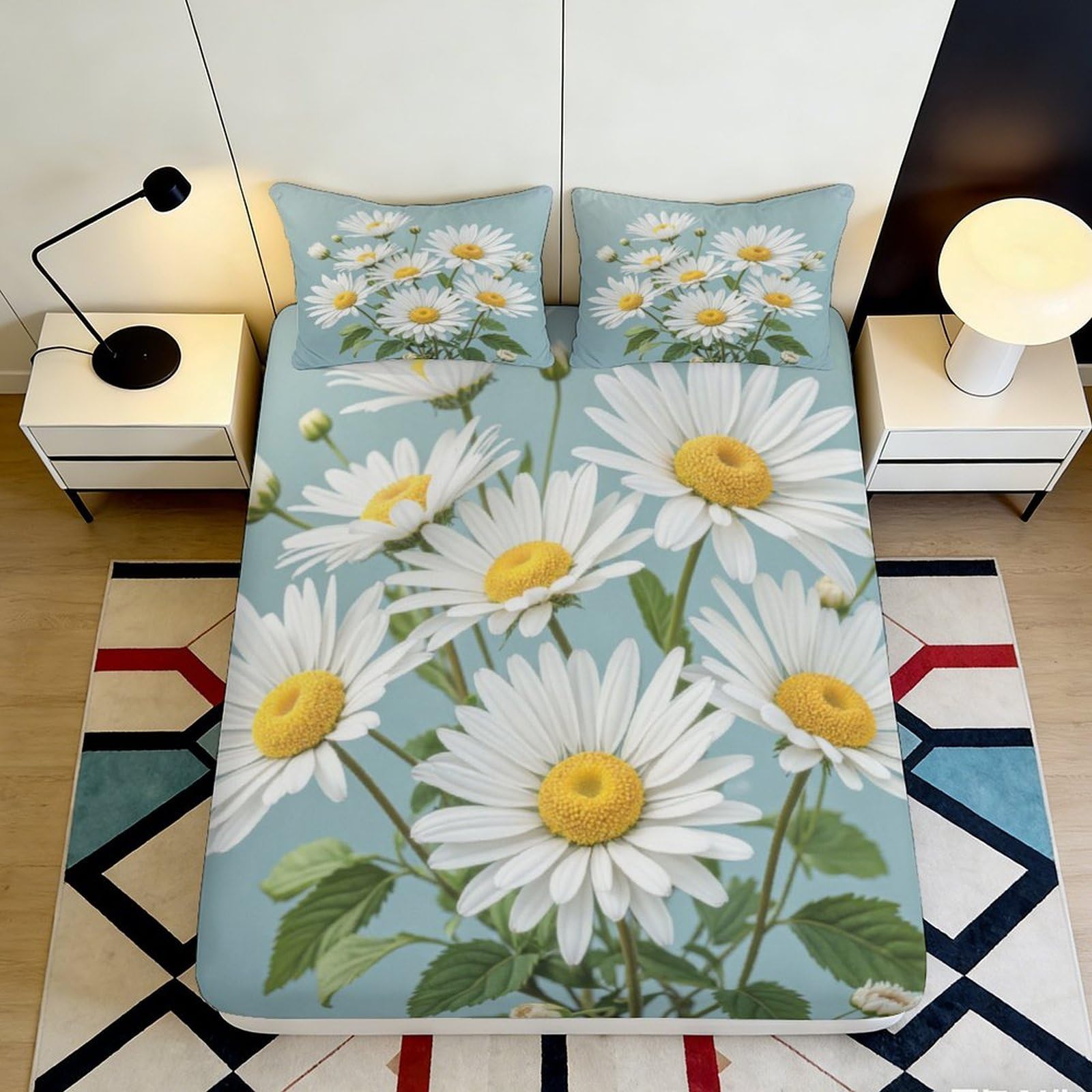 3D Printed Daisy Flower Fitted Sheet Microfiber Soft Breathable Chamomile Bed Cover for Bedroom Guest Room Decor 90x200x25cm