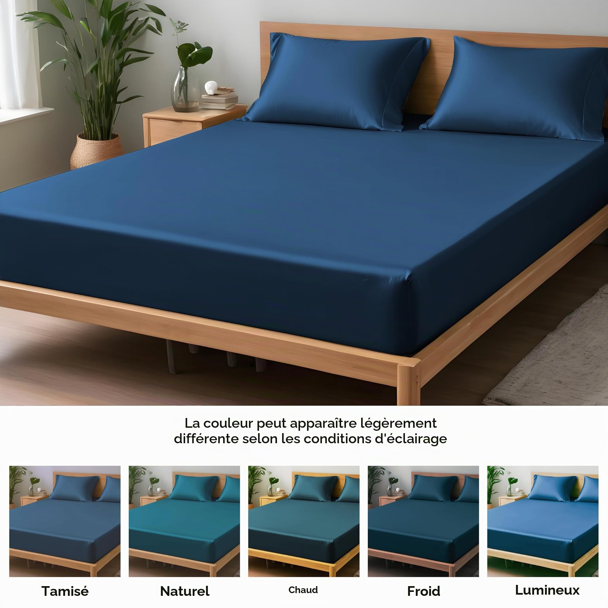 Drap-housse double en soie de bambou biologique 100 % de LINENWALAS, 140x190 cm, drap de lit pour lit double, poche profonde jusqu'à 40 cm, literie douce, rafraîchissante et hypoallergénique (bleu