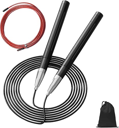 Cuerda de saltar de velocidad para hombres y mujeres, cuerda de saltar de fitness con mango de aluminio y 2 cuerdas, diseño de autobloqueo, cuerda