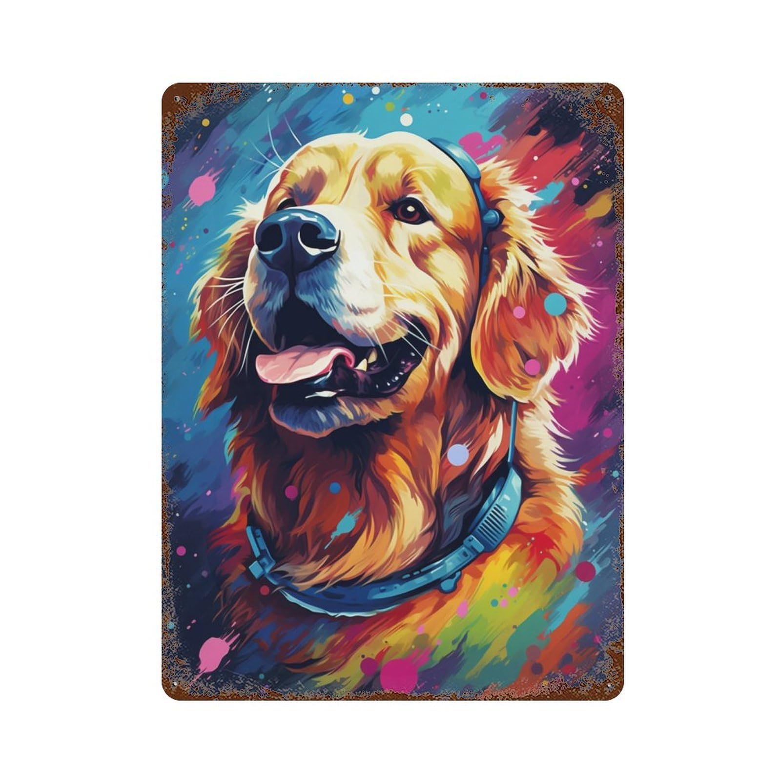 Colorful Golden Retriever Art Print Rustic Tin Plaque 15.7"x11.8", for Shed, Workshop And Garage Wall Decor, Shabby Chic Decor