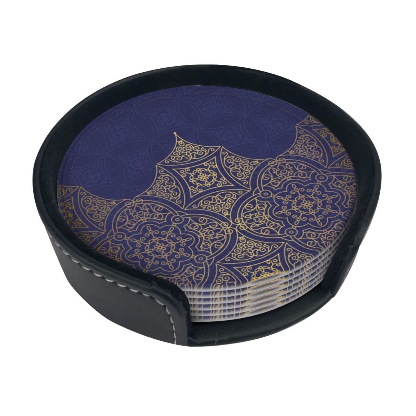 Coasters Set of 6 Navy Blue and Yellow Stain and Scald Resistant Drink Coasters with Holder for Table Decoration Protection
