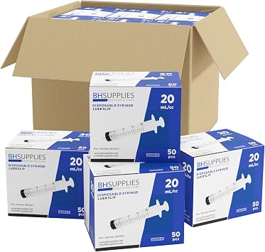 Bulk Case BH Supplies 20mL Sterile Luer Slip Syringe - Individually Wrapped 600 Syringes, 12 Boxes of 50 Units