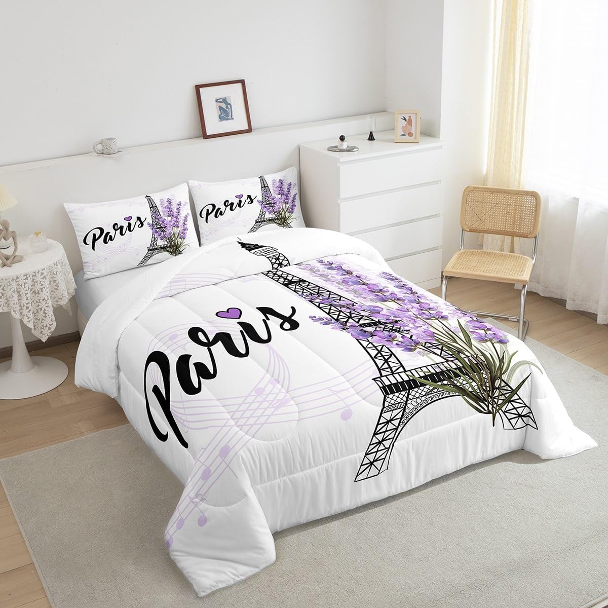 Eiffel Tower Comforter Set Purple Lavender Flowers Print Bedding Set, Romantic Paris City Floral Style Decor for Kids Girls Boys Teens, Queen Size 3pcs Polyester Quilt Duvet for Dorm Bedroom