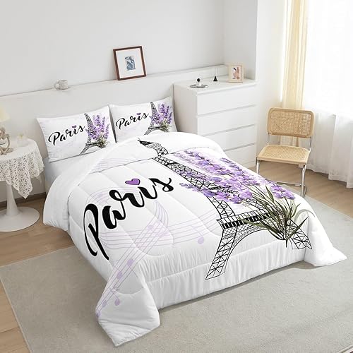 Miniatura 4 de Juego de edredón de la Torre Eiffel, juego de ropa de cama con estampado de flores de lavanda púrpura, romántica decoración de estilo floral de