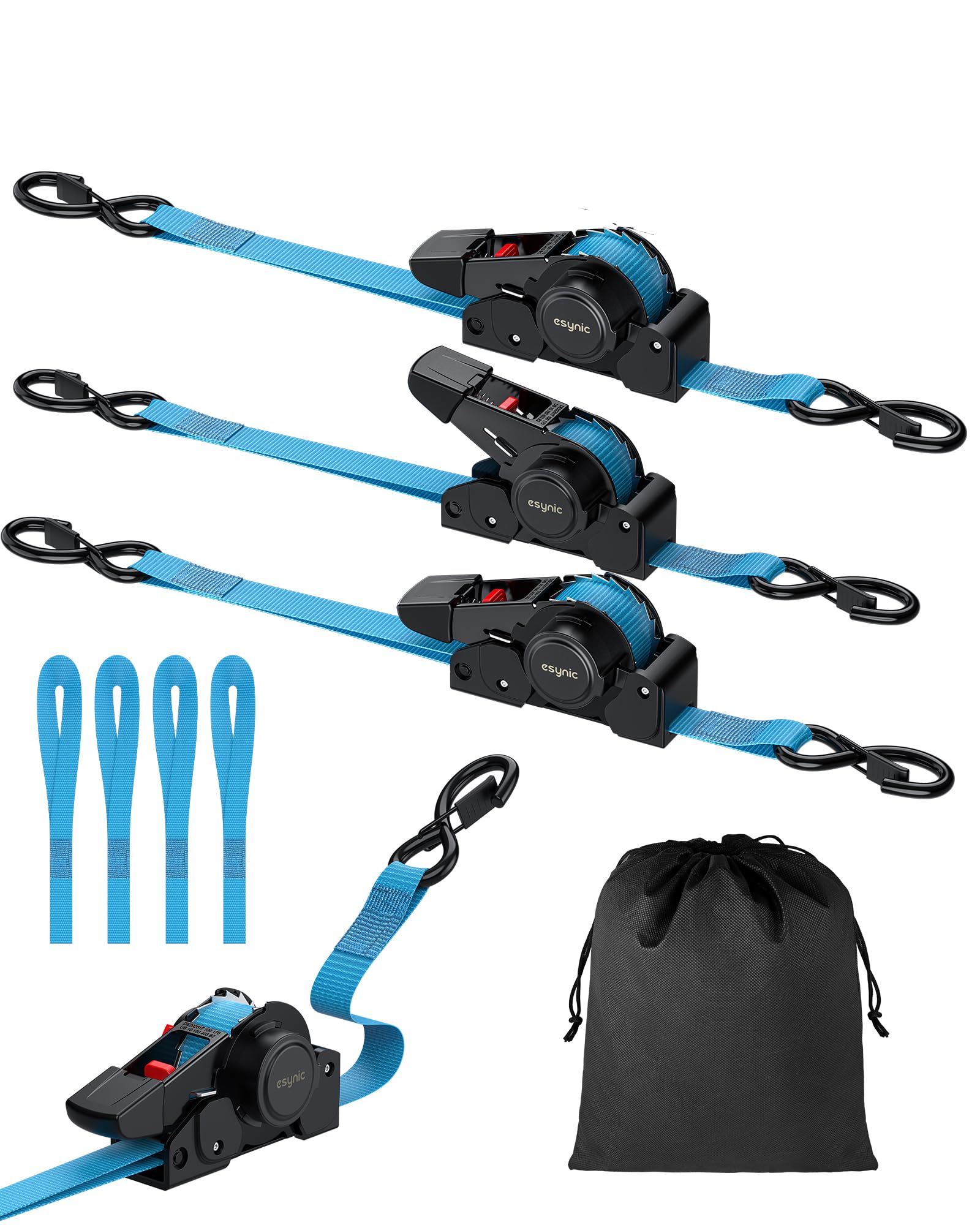 eSynic 4Pack Retractable Ratchet Straps Tie Down Straps 3.5m Heavy Duty Auto Retracting Ratchet with S-Hooks 320kg Capacity Self Retracting Ratchet Straps for Truck, Cargo Trailer, Motorcycle and More