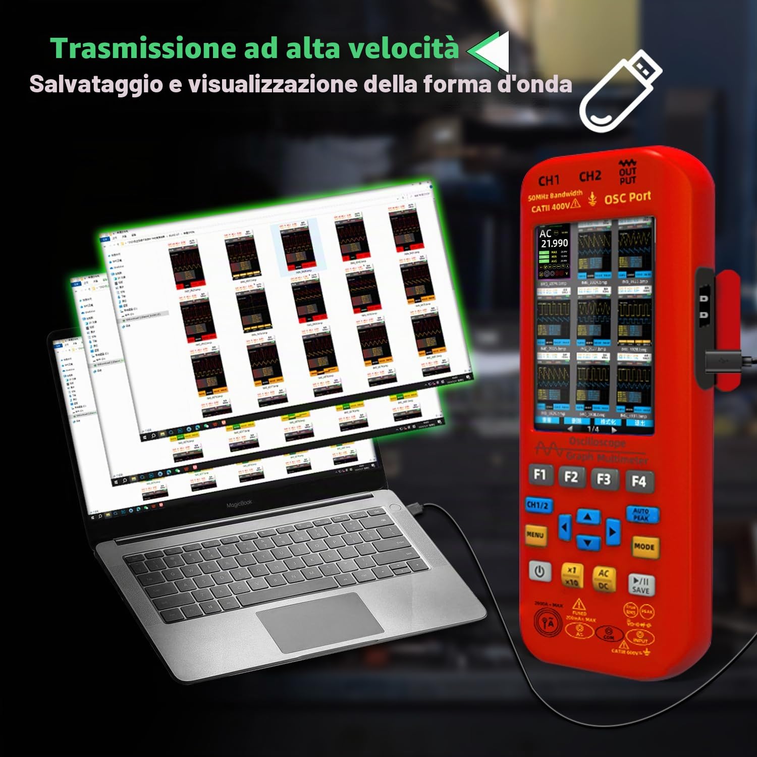 BSIDE Oscilloscopio digitale portatile 2 canali 50 MHz 3.98 TFT multimetro generatore di segnale 3 in 1 supporta bobine flessibili 20000 conteggio 250 MSa/s