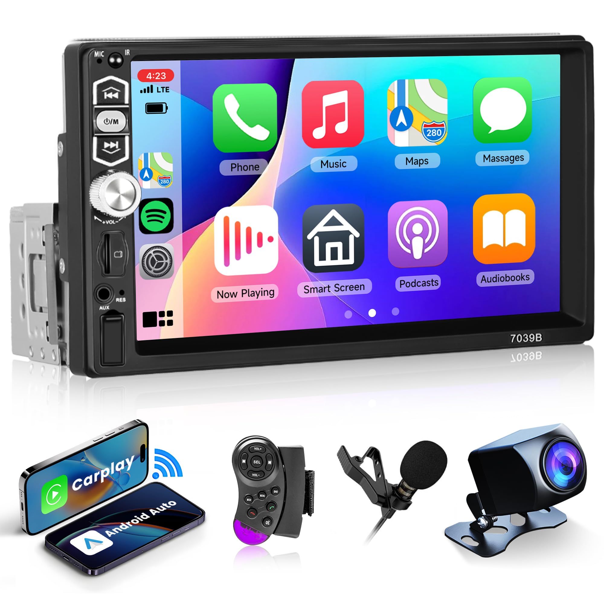 4G+64G Wireless Carplay Android Autoradio 1 Din Avec Wireless Android Auto Navi GPS WiFi 7 Pouces Écran Tactile Autoradio Avec Mirror Link Bluetooth FM /RDS/EQ/USB/Commandes Au Volant Caméra De Recul