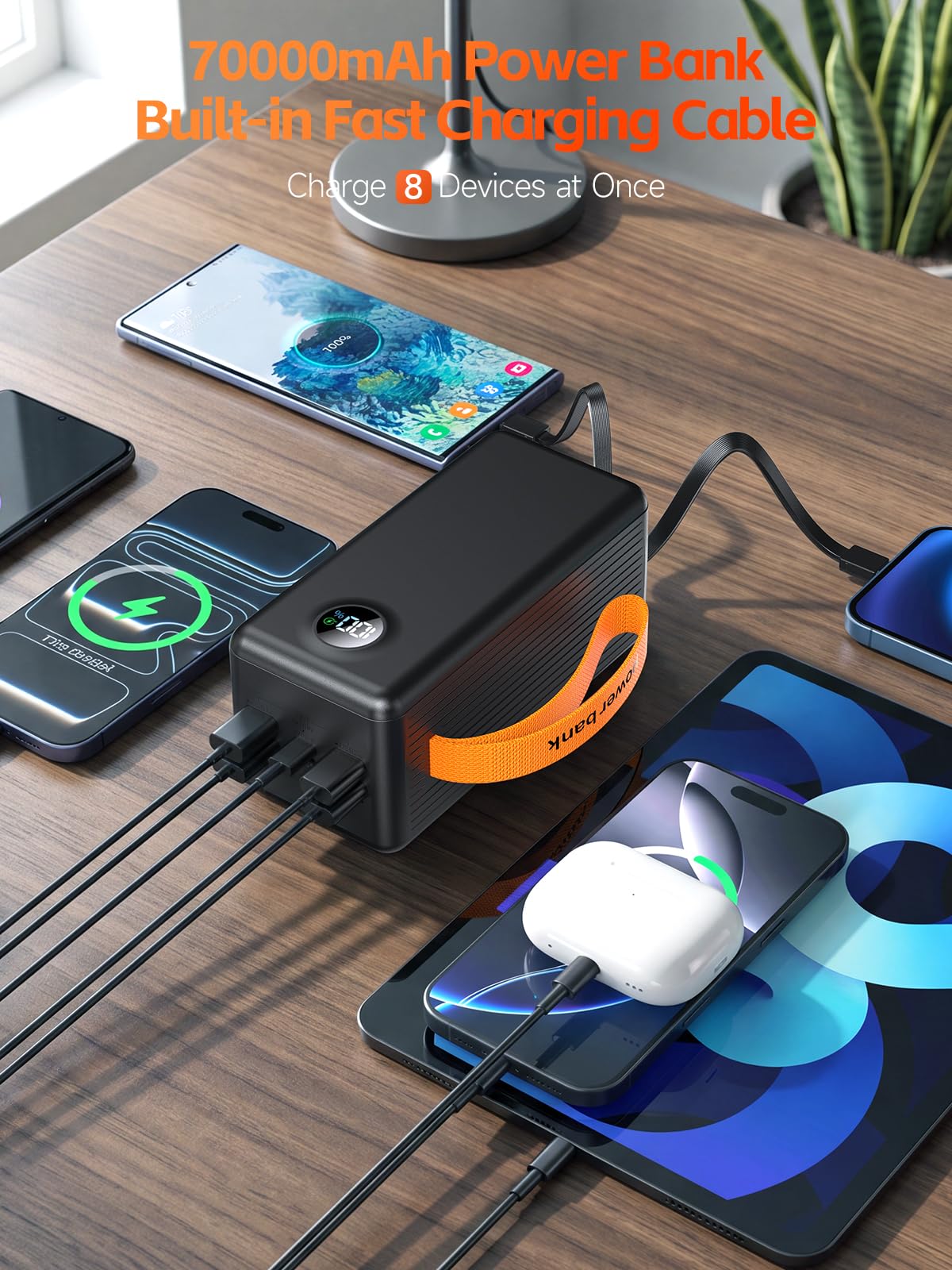 Batterie Externe 70000mAh, Charge Rapide PD 30W Power Bank avec 4 Câbles Intégrés, 8 Sorties & 4 Entrées, Écran LED Numérique & Lampe de Camping, Chargeur Portable USB C pour Smartphones