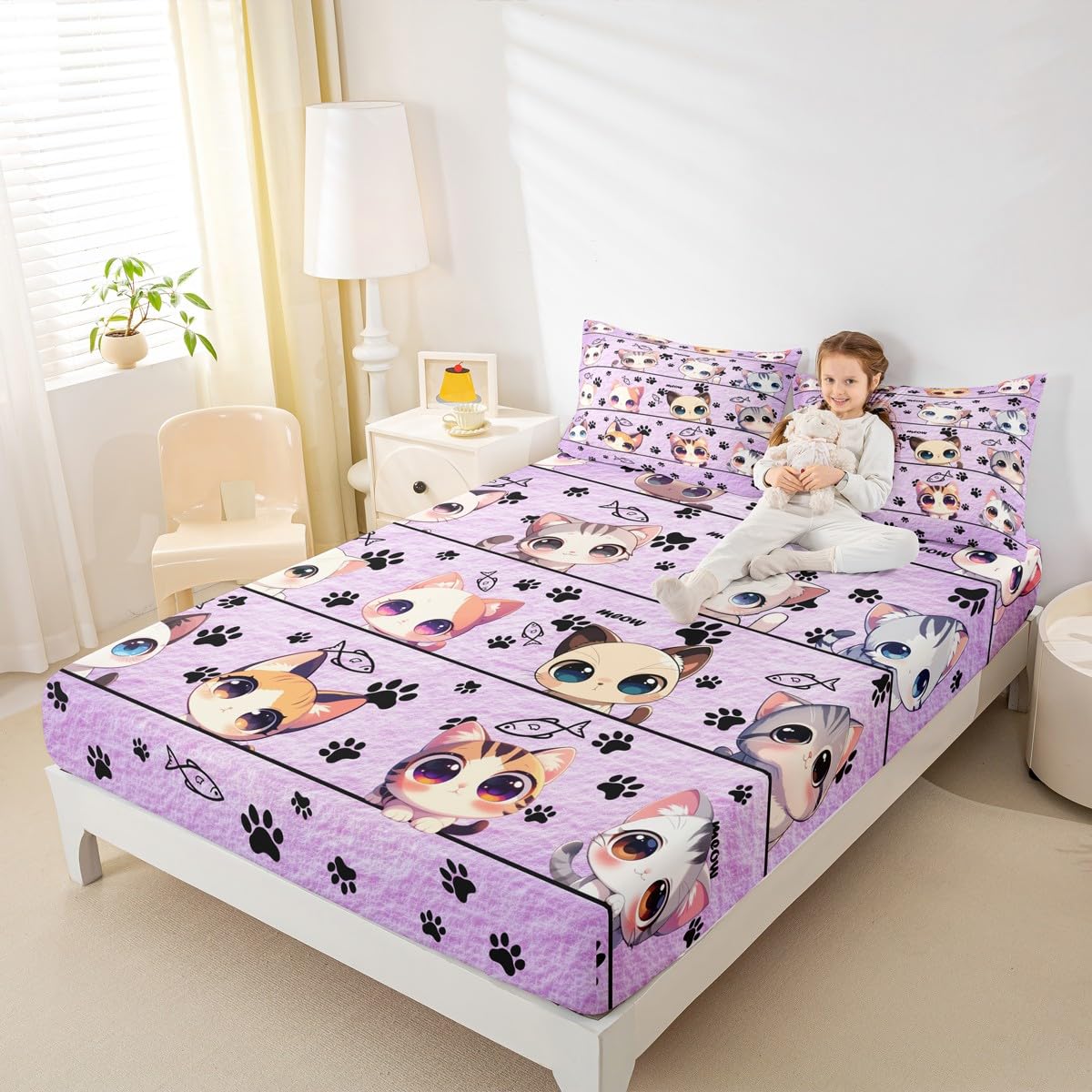 Cute Kitten Kitty Cat Fitted Sheet,Full Size Kawaii Animals Cartoon Purple Style Collections,Cartoon Cat Bedding Deep Pocket for Children Teens Young with 2 Pillowcases(No Flat Sheet)